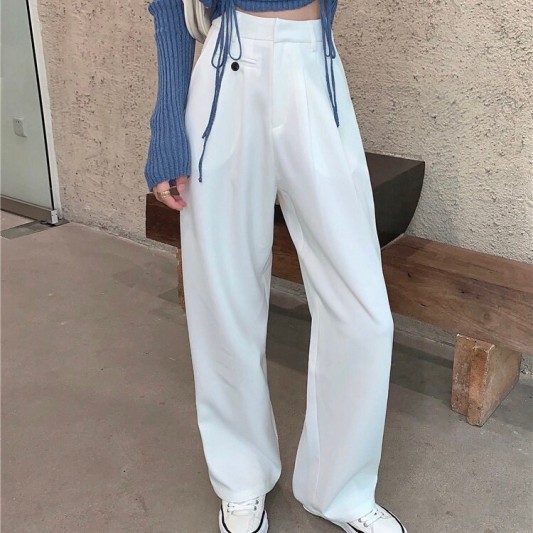 白色高腰垂感阔腿西装长裤